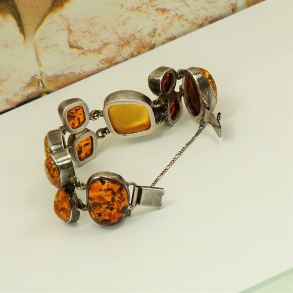 82g Rare Multi Amber and 925 Silver Heavy Link BRACELET - OOAK Gift For Her - Picture 13 of 16